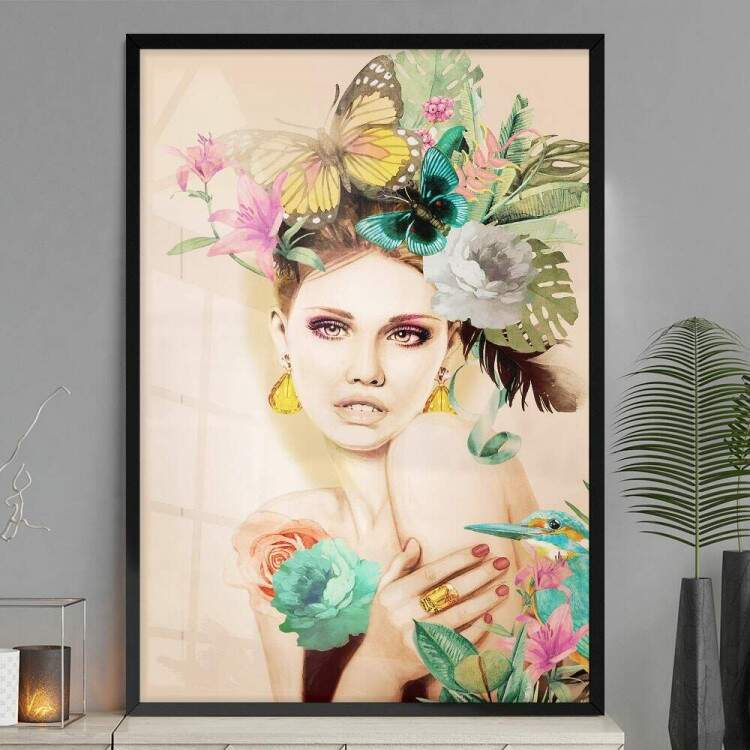 Quadro Decorativo Abstrato Mulher com Flores na Cabea