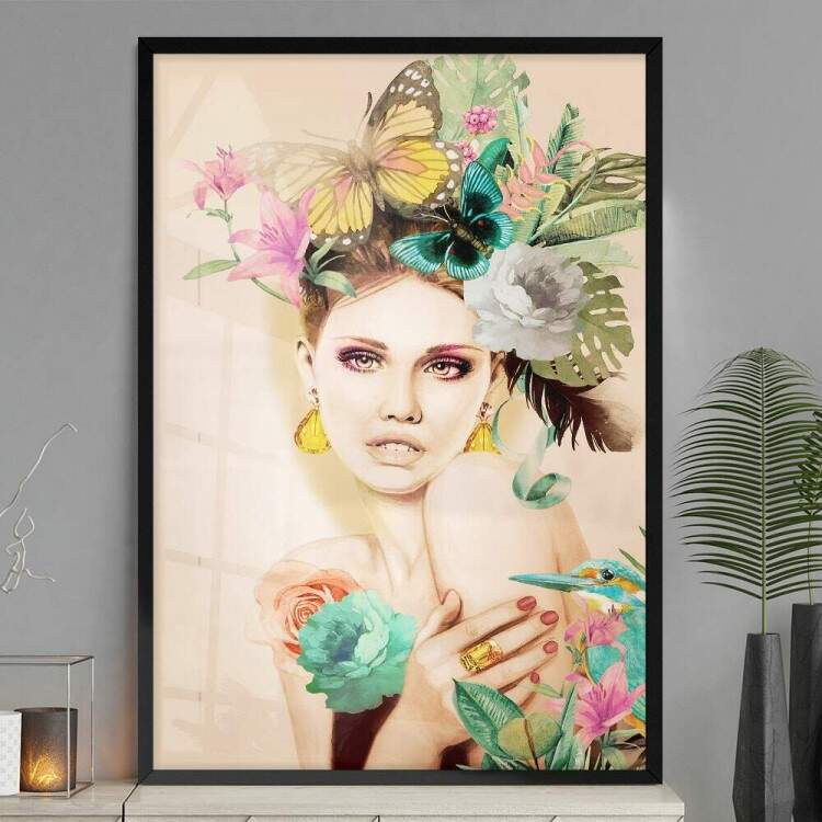 Quadro Decorativo Abstrato Mulher com Flores na Cabea