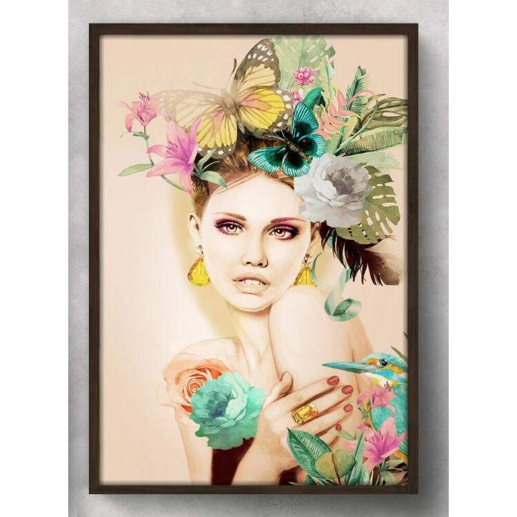 Quadro Decorativo Abstrato Mulher com Flores na Cabea