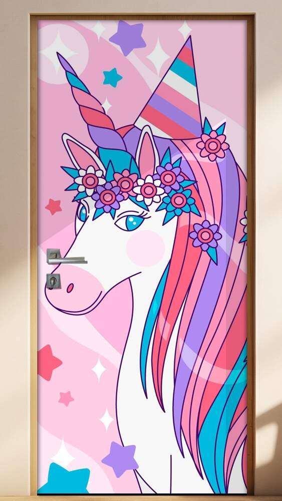 Adesivo para Porta Unic�rnio Colorido com Flores