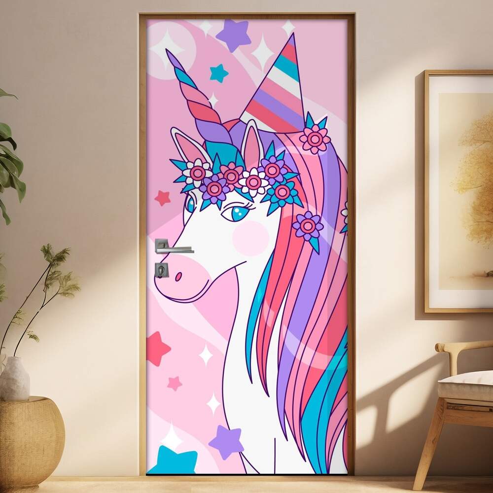 Adesivo para Porta Unicrnio Colorido com Flores