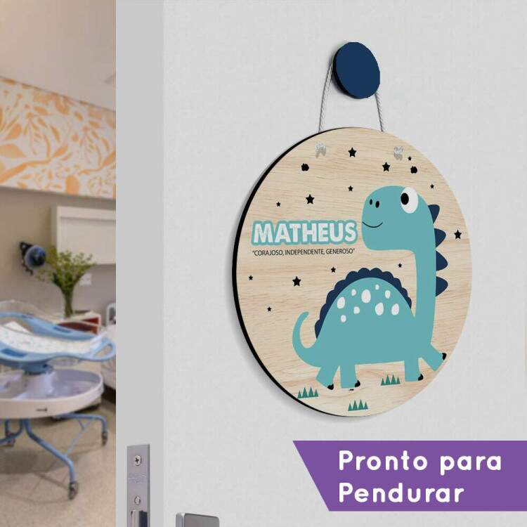 Enfeite de Porta Maternidade Dinossauro Azul com Nome