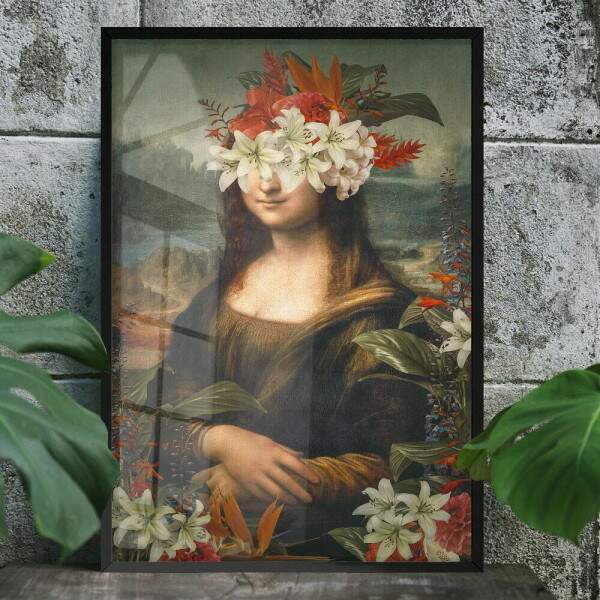 Quadro Decorativo Abstrato Mona Lisa Rosto com Flores