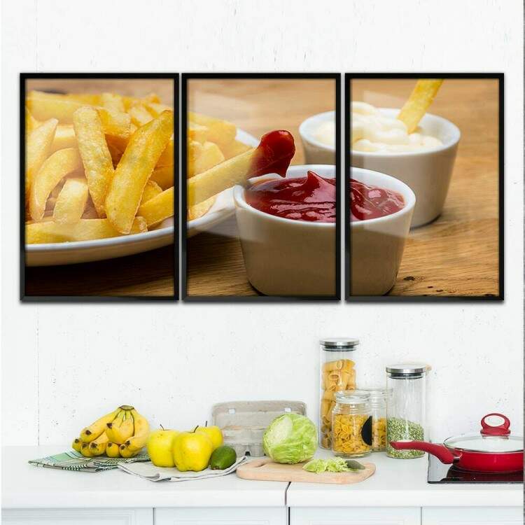 Kit 3 Quadros Decorativos Batata Frita e Molhos