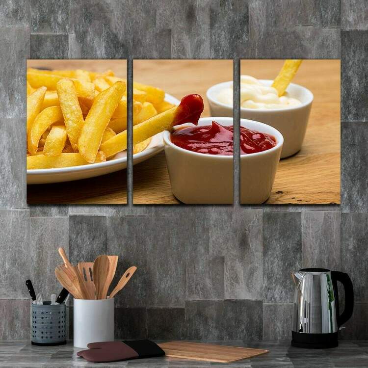 Kit 3 Quadros Decorativos Batata Frita e Molhos