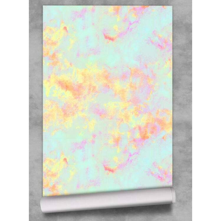 Papel de Parede Mrmore Azul Claro com Amarelo e Rosa Estilo Aquarela