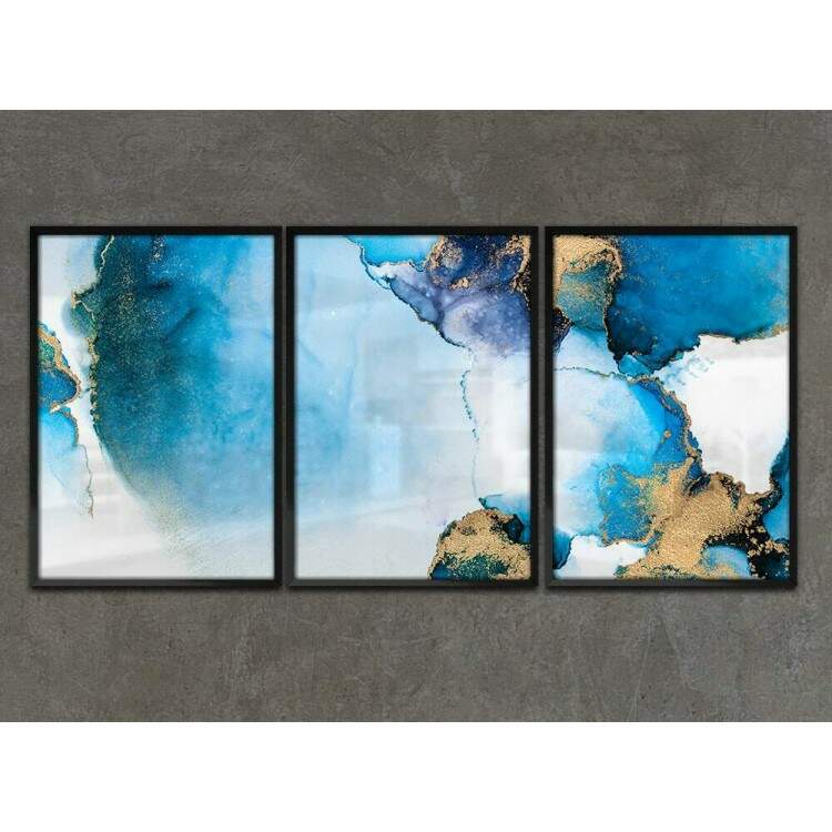 Kit 3 Quadros Decorativos Mrmore Azul