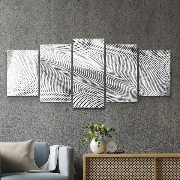 Kit 5 Quadros Decorativos Mosaico Abstrato Linhas Preto e Branco