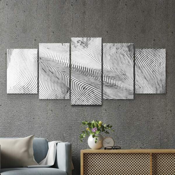 Kit 5 Quadros Decorativos Mosaico Abstrato Linhas Preto e Branco