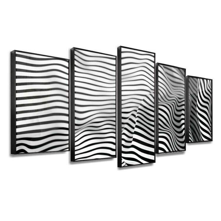 Kit 5 Quadros Decorativos Mosaico Abstrato Ondas Preto e Branco