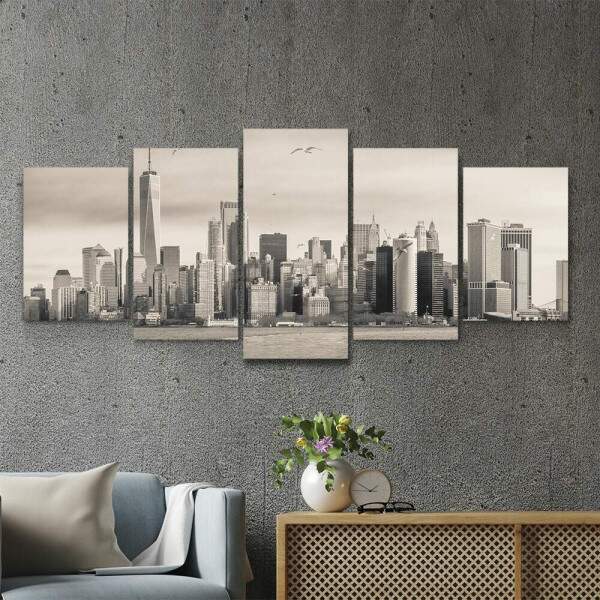 Kit 5 Quadros Decorativos Mosaico Cidade Sepia