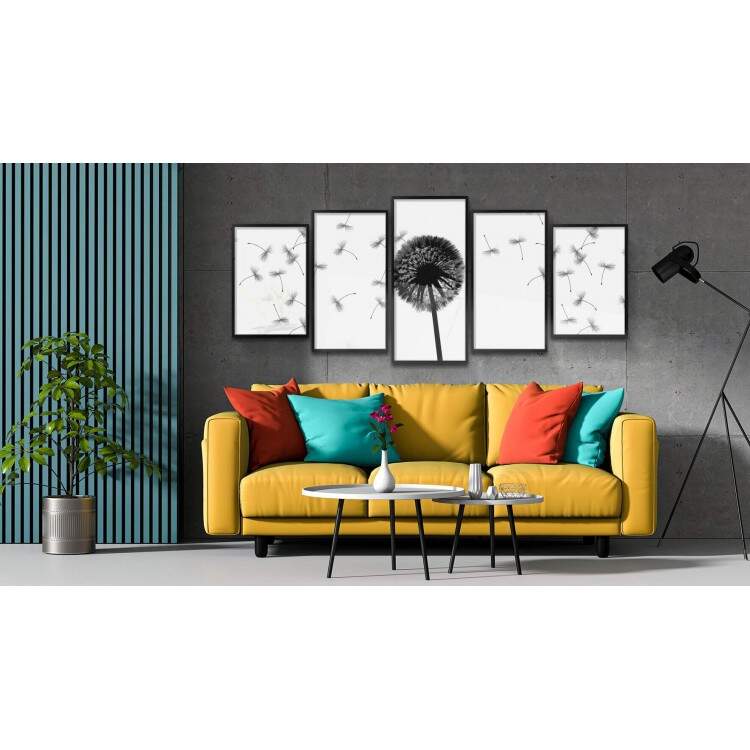 Kit 5 Quadros Decorativos Mosaico Dente de Leo Preto e Branco