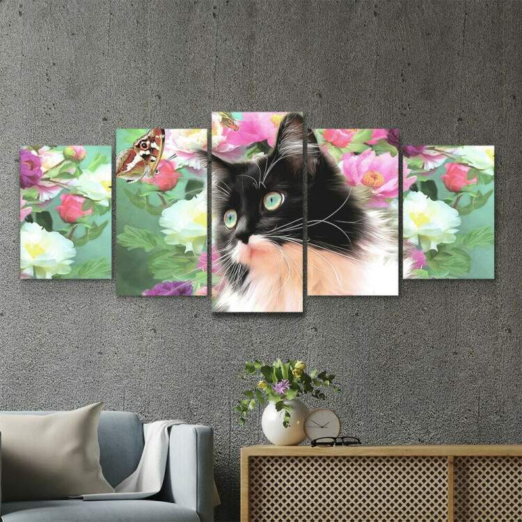 Kit 5 Quadros Decorativos Mosaico Gato nas Folhas