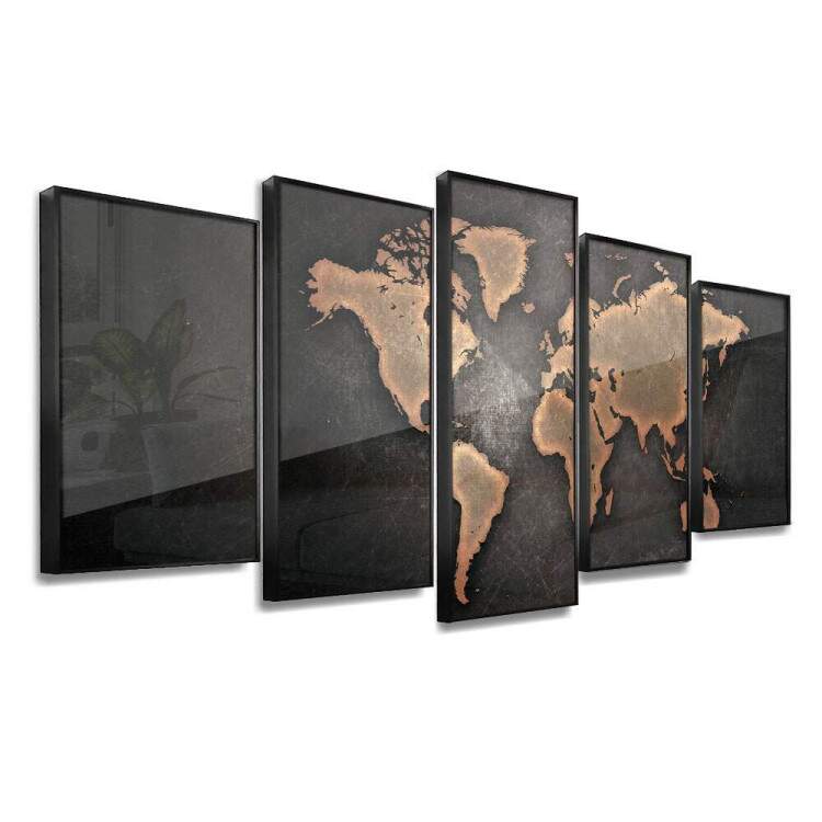 Kit 5 Quadros Decorativos Mosaico Mapa Mundi Preto e Bege