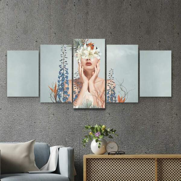 Kit 5 Quadros Decorativos Mosaico Abstrato Mulher com Flores