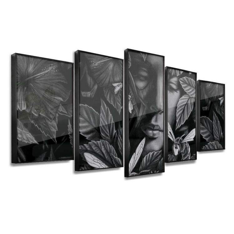 Kit 5 Quadros Decorativos Mosaico Mulher com Folhas Preto e Branco