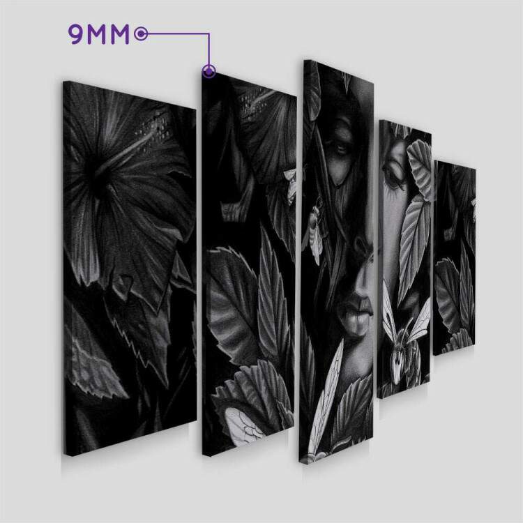 Kit 5 Quadros Decorativos Mosaico Mulher com Folhas Preto e Branco