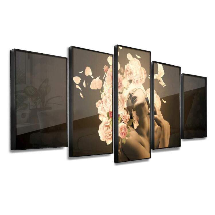 Kit 5 Quadros Decorativos Mosaico Mulher com Floral