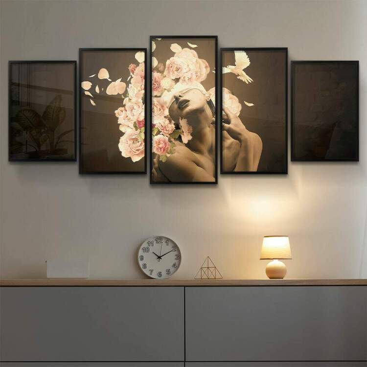 Kit 5 Quadros Decorativos Mosaico Mulher com Floral