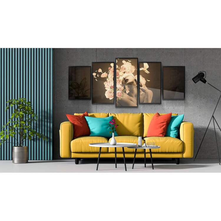 Kit 5 Quadros Decorativos Mosaico Mulher com Floral