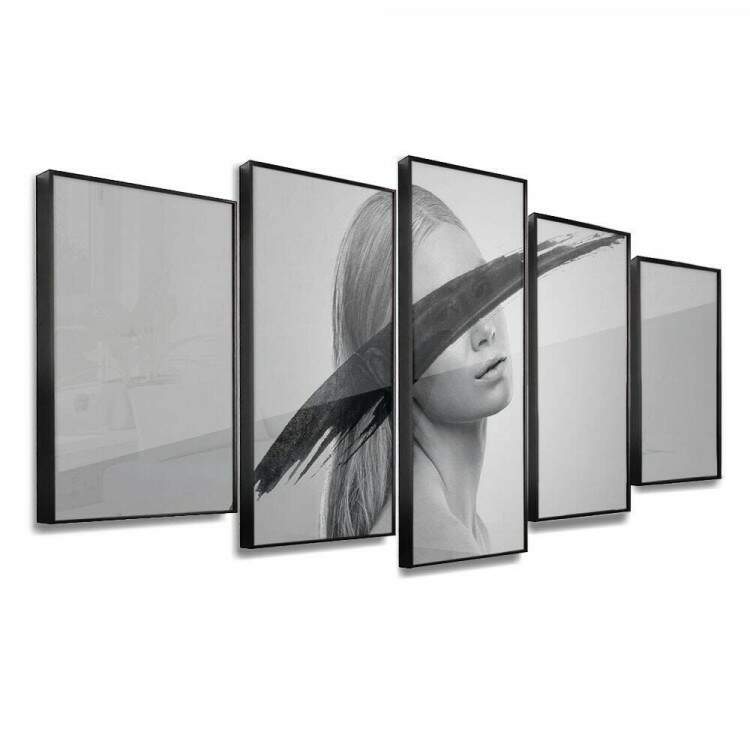 Kit 5 Quadros Decorativos Mosaico Mulher com Trao Minimalista Preto e Branco