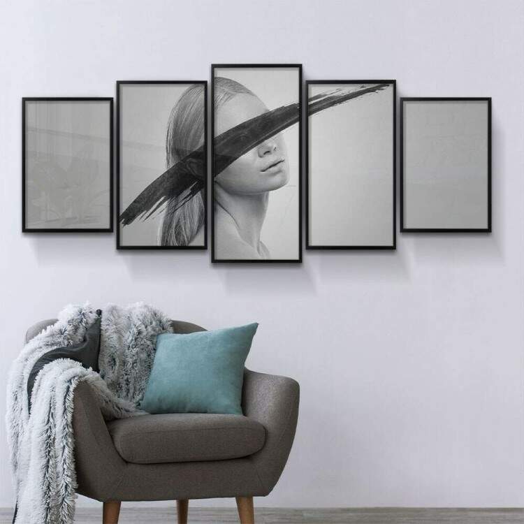 Kit 5 Quadros Decorativos Mosaico Mulher com Trao Minimalista Preto e Branco