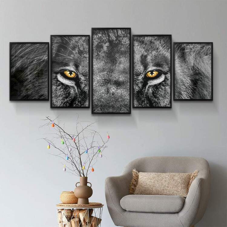 Kit 5 Quadros Decorativos Mosaico Leo Olhos Amarelos