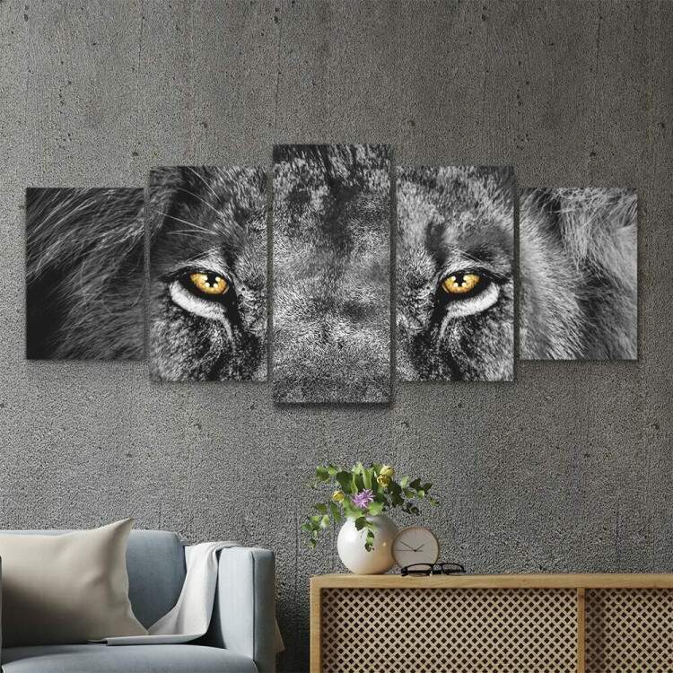 Kit 5 Quadros Decorativos Mosaico Leo Olhos Amarelos