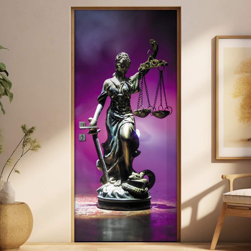 Adesivo Para Porta Estatua Smbolo Advogacia Fundo Roxo