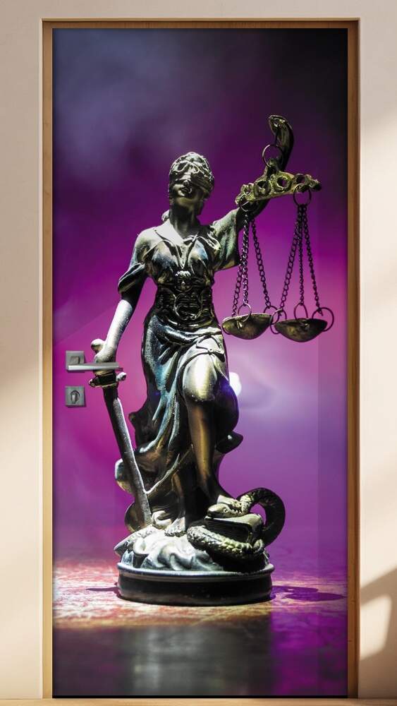 Adesivo Para Porta Estatua S�mbolo Advogacia Fundo Roxo
