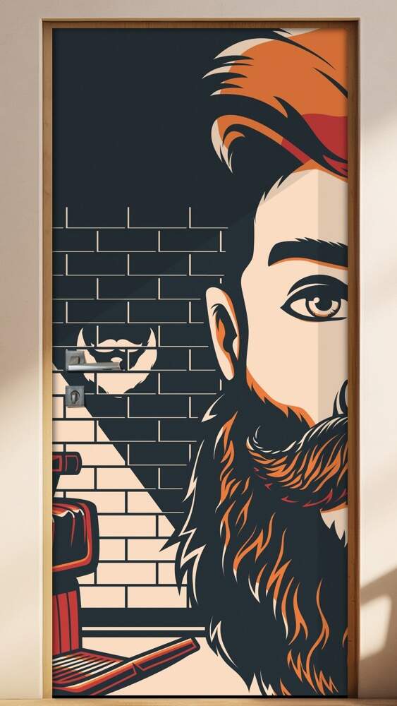 Adesivo Para Porta Barbearia Homem Desenhado Fundo De Tijolinho