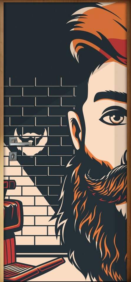 Adesivo Para Porta Barbearia Homem Desenhado Fundo De Tijolinho