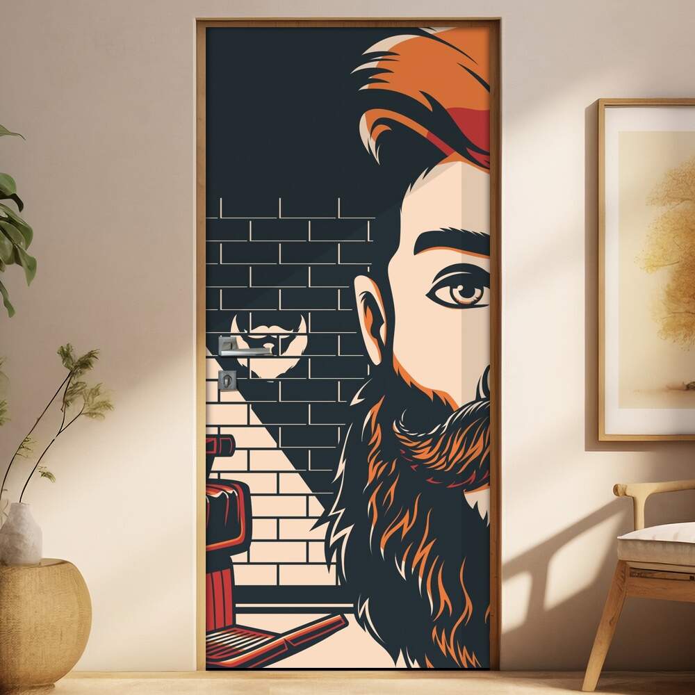 Adesivo Para Porta Barbearia Homem Desenhado Fundo De Tijolinho