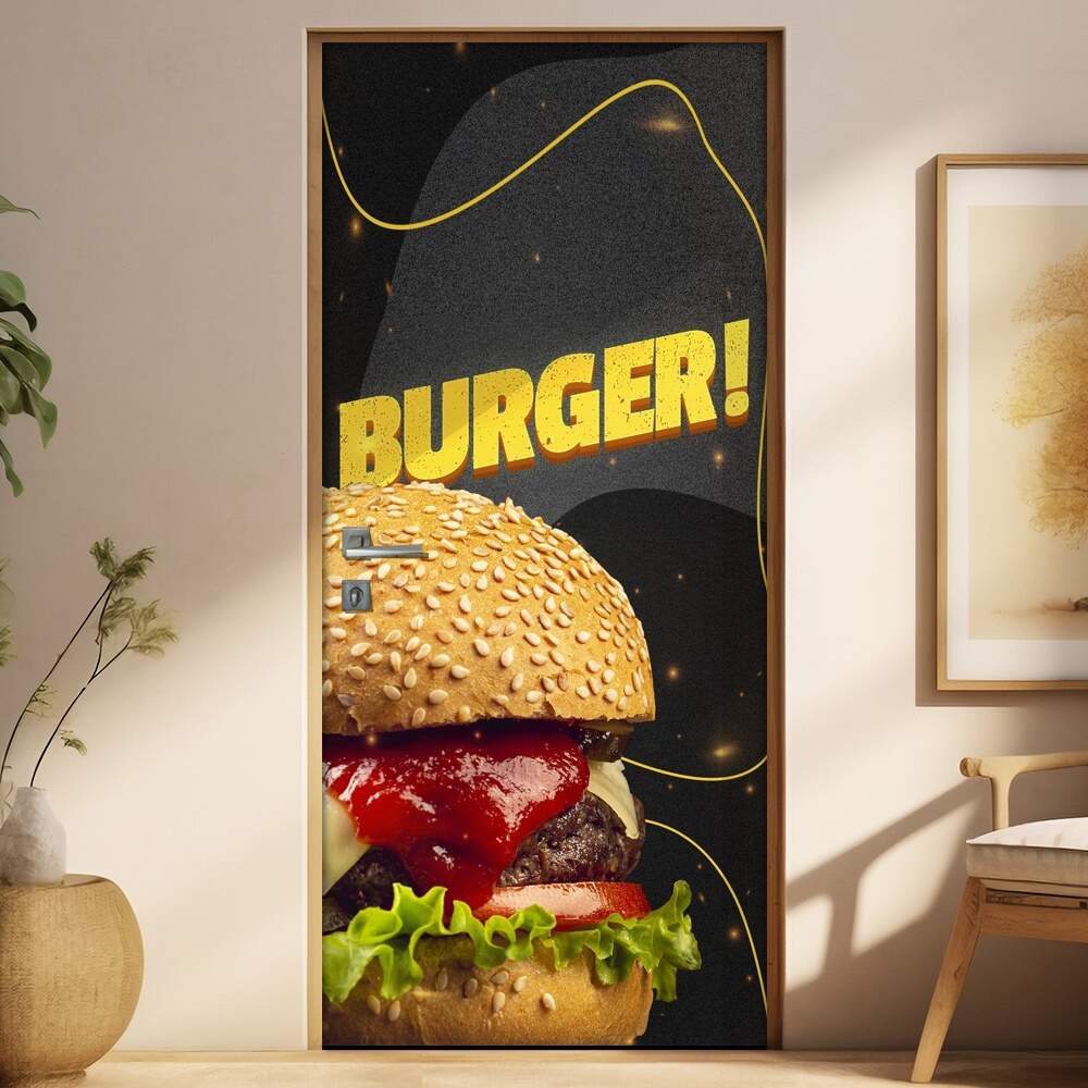 Adesivo Para Porta Lanche Burguer Fundo Preto Com Linhas Amarelas