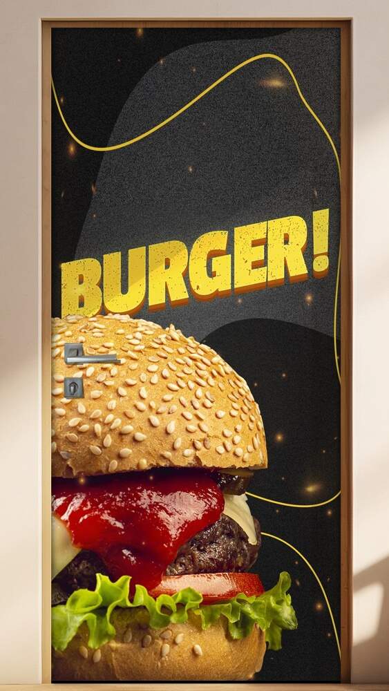 Adesivo Para Porta Lanche Burguer Fundo Preto Com Linhas Amarelas
