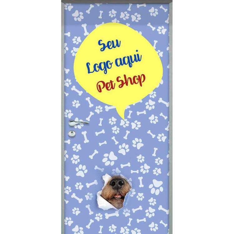 Adesivo Para Porta Pet Shop Com Sua Logo Personalizada Fundo Azul