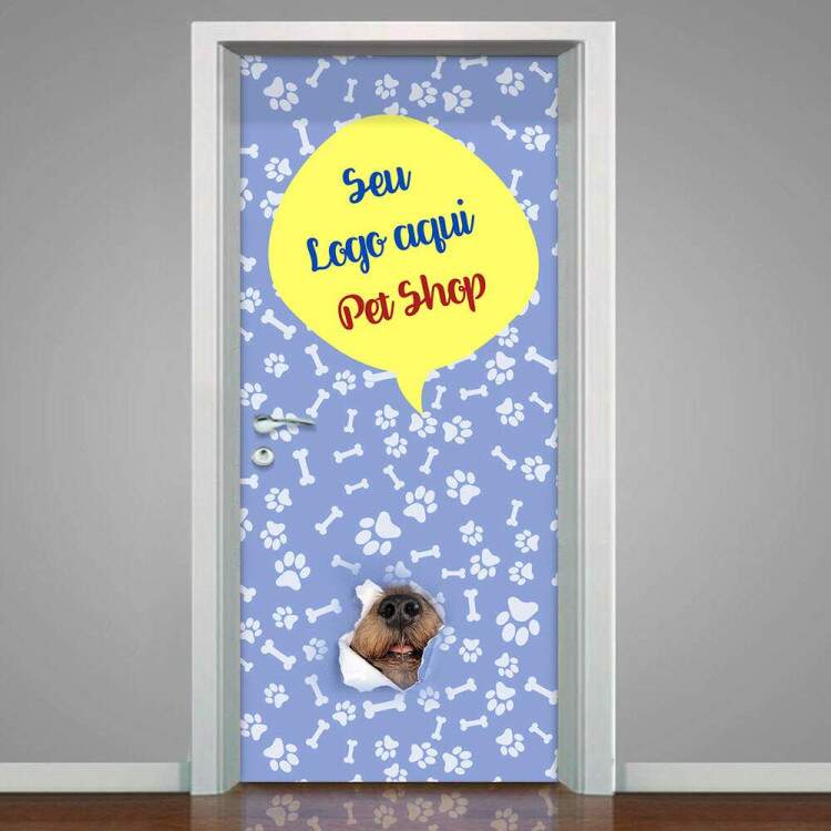 Adesivo Para Porta Pet Shop Com Sua Logo Personalizada Fundo Azul