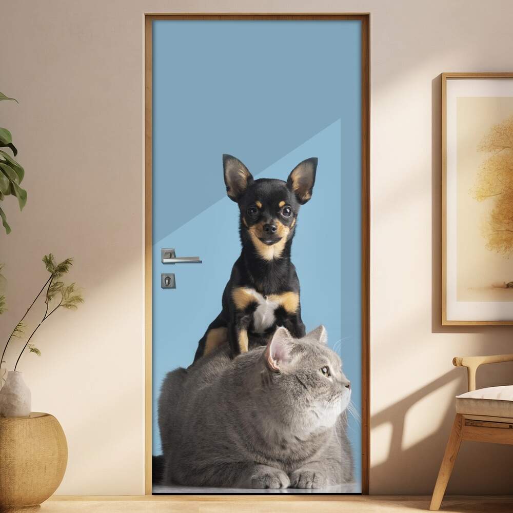 Adesivo Para Porta Pet Shop Pinscher E Gato Cinza Fundo Azul