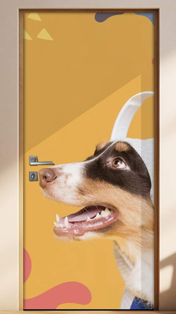 Adesivo Para Porta Pet Shop Pinscher Fundo Laranja Com Detalhes