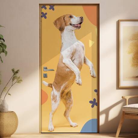 Adesivo Para Porta Pet Shop Cachorro Pulando Fundo Bege Com Detalhes