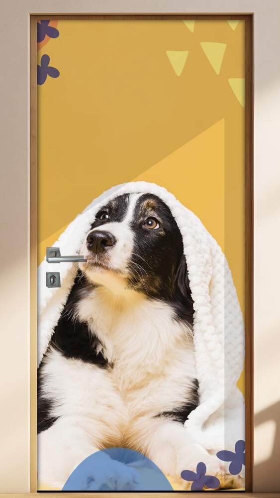 Adesivo Para Porta Pet Shop Cachorro Com Toalha Fundo Bege Com Detalhes