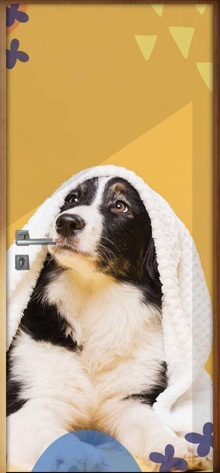 Adesivo Para Porta Pet Shop Cachorro Com Toalha Fundo Bege Com Detalhes