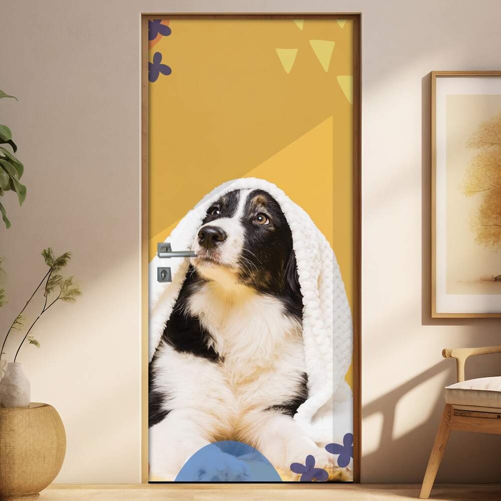 Adesivo Para Porta Pet Shop Cachorro Com Toalha Fundo Bege Com Detalhes