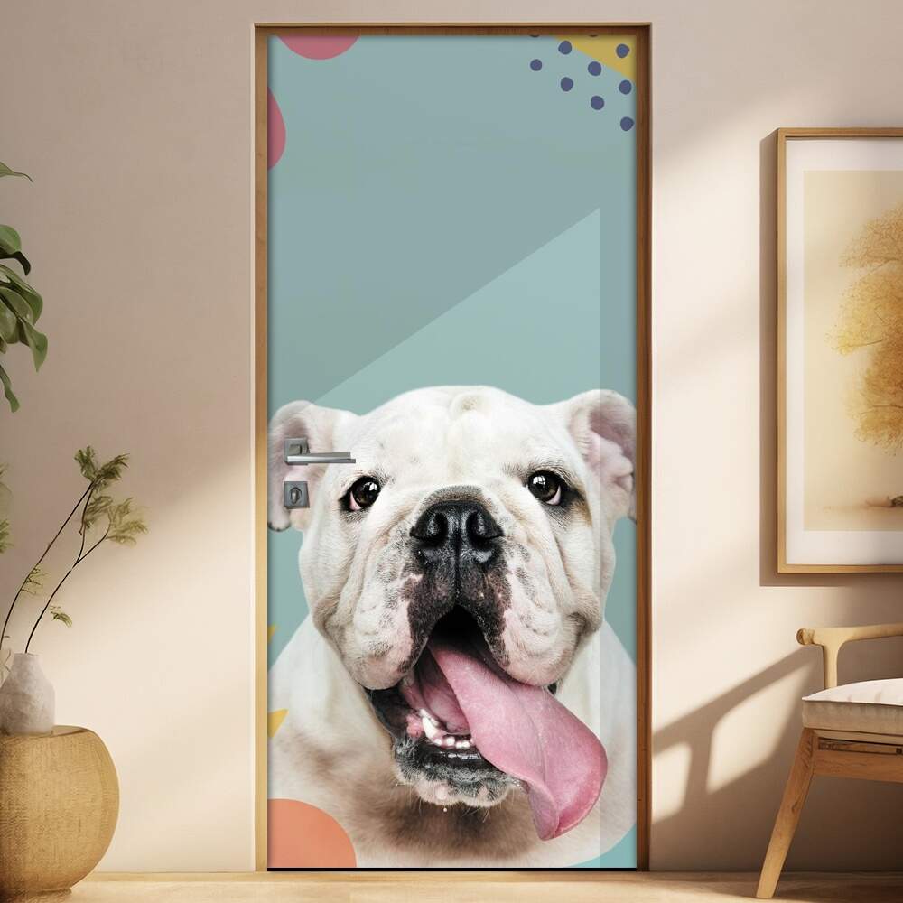 Adesivo Para Porta Pet Shop Cachorro Bulldog Fundo Azul Com Detalhes