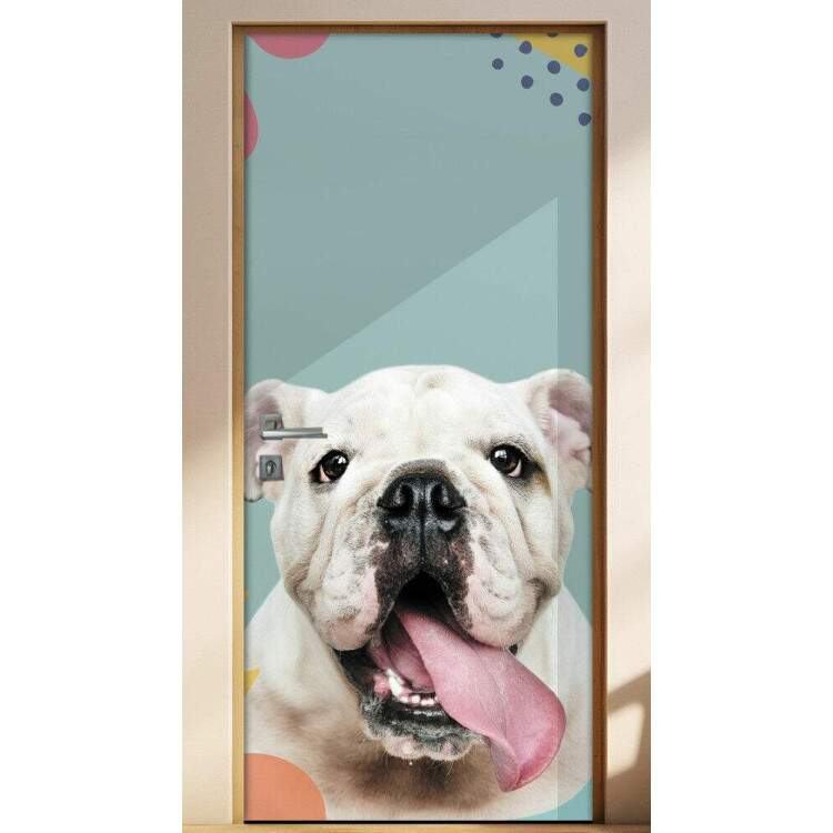 Adesivo Para Porta Pet Shop Cachorro Bulldog Fundo Azul Com Detalhes