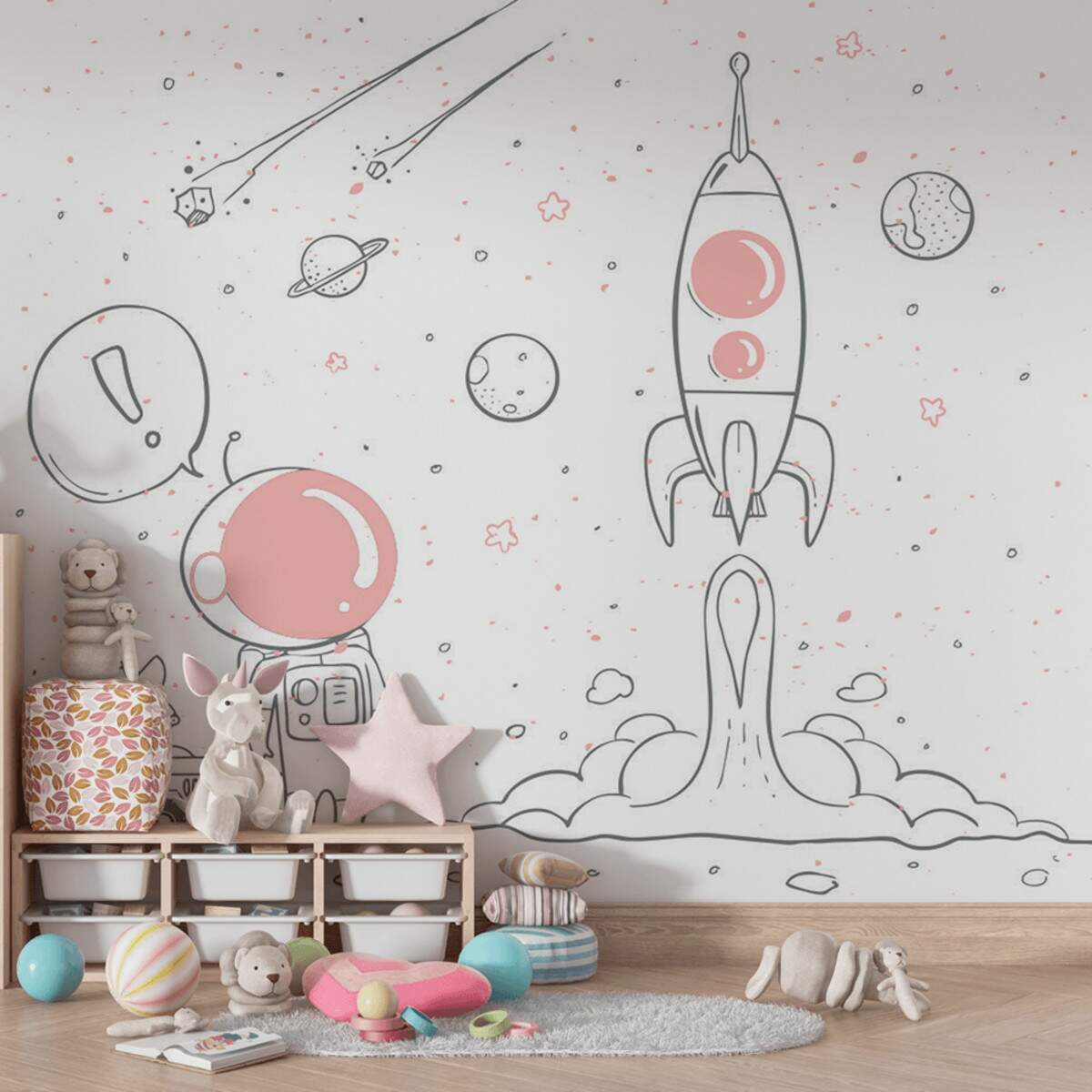 Papel de Parede Astronautas com Detalhes Rosa MP
