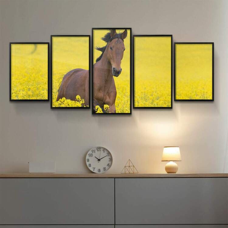 Kit 5 Quadros Decorativos Mosaico Cavalo nas Cores Amarelas