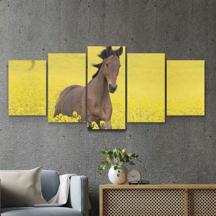 Kit 5 Quadros Decorativos Mosaico Cavalo nas Cores Amarelas