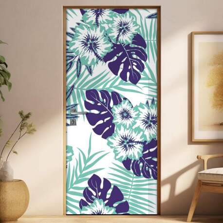 Adesivo Para Porta Folhas Tropicais Azuis