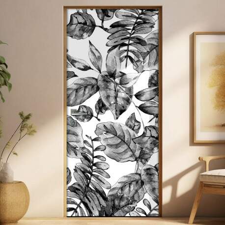 Adesivo Para Porta Folhas Tropicais Preto E Branco